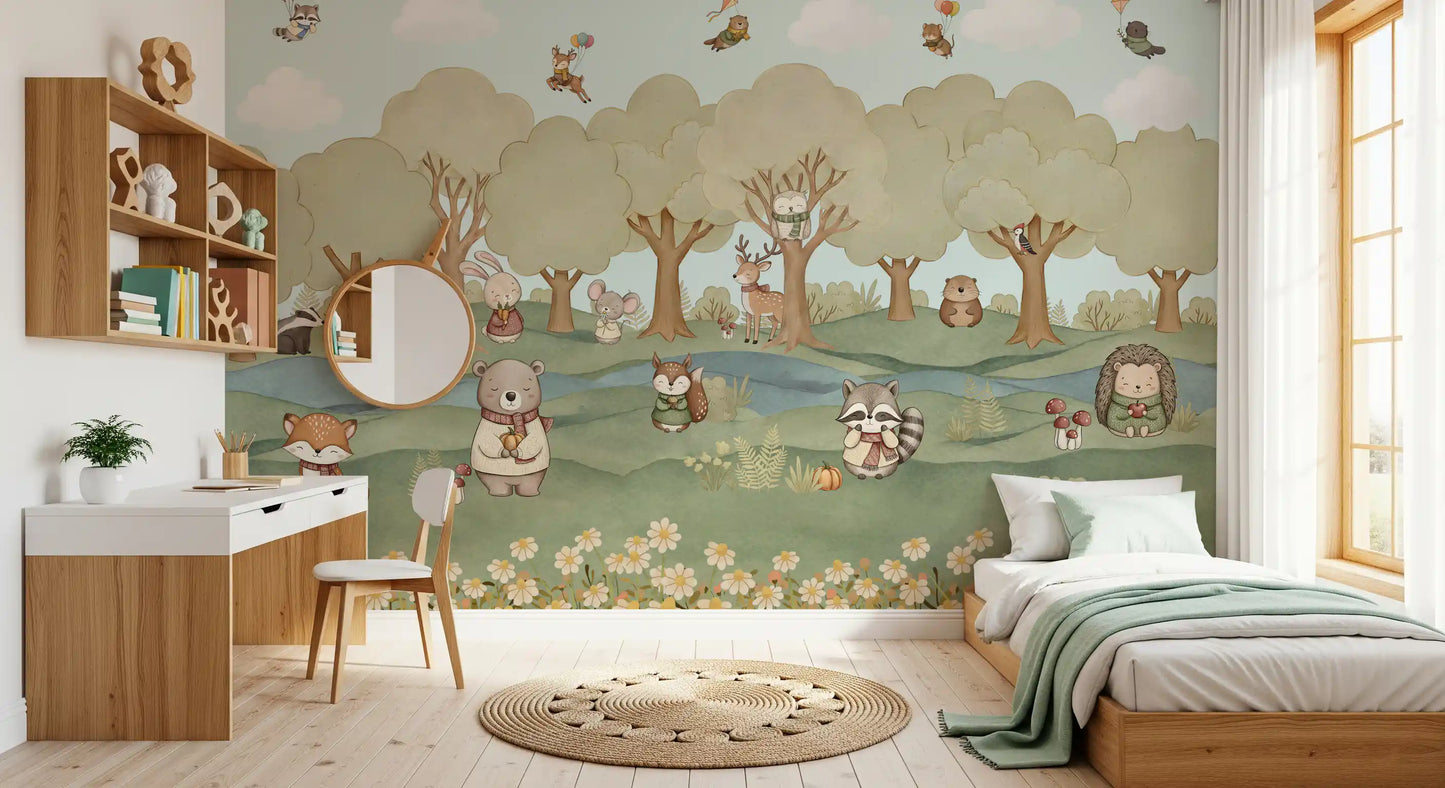 The Whimsical Woodland Friends wall mural showing bear and fox