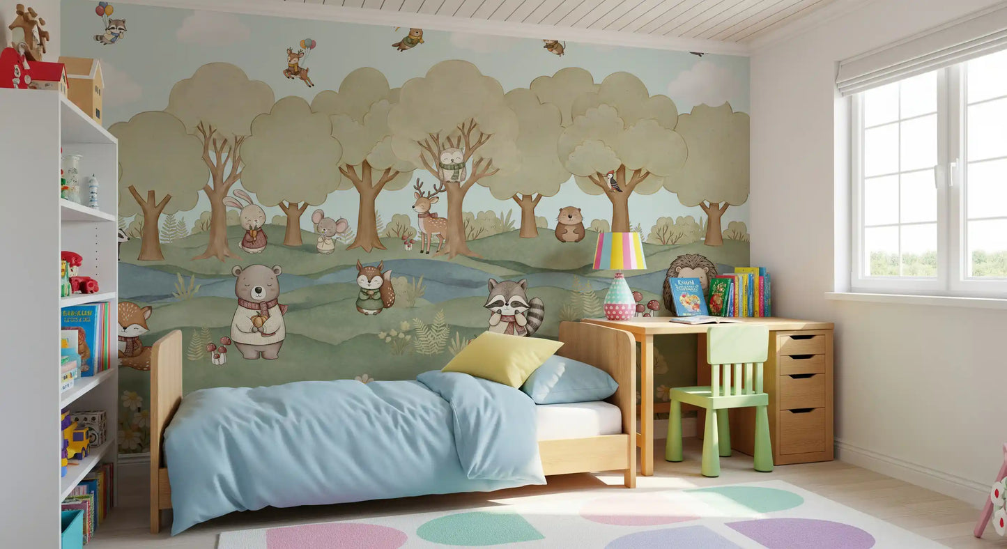 Cosy Kids bedroom lined with the pastel woodland wall mural