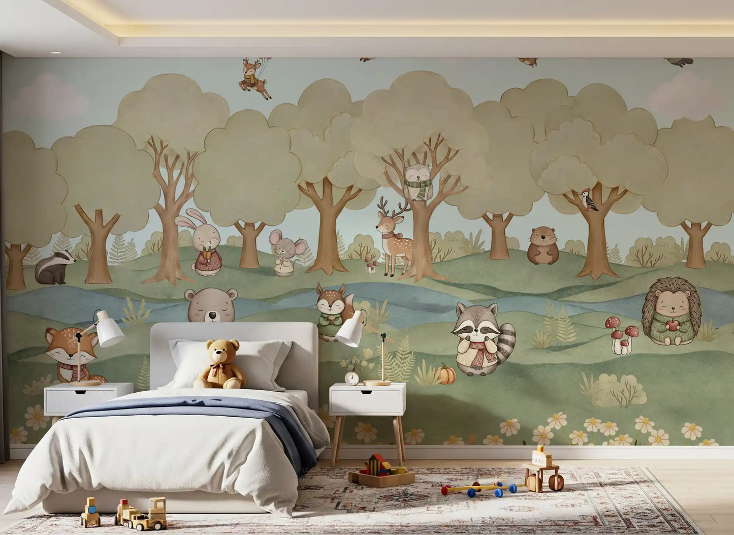Balloon-carrying deer and raccoon floating above the Friends wall mural