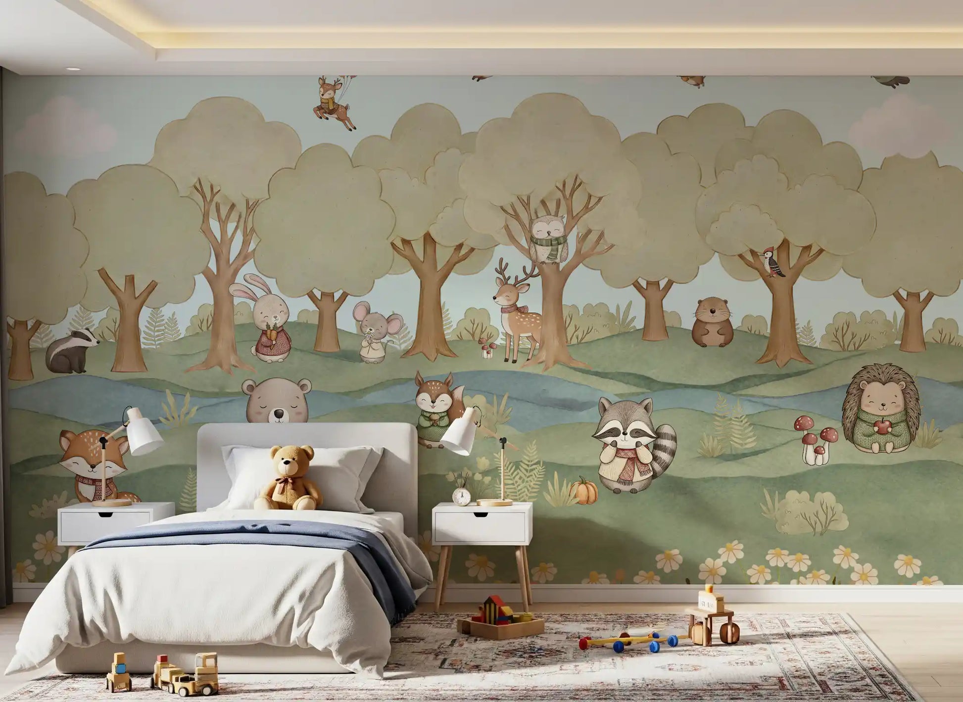 Balloon-carrying deer and raccoon floating above the Friends wall mural