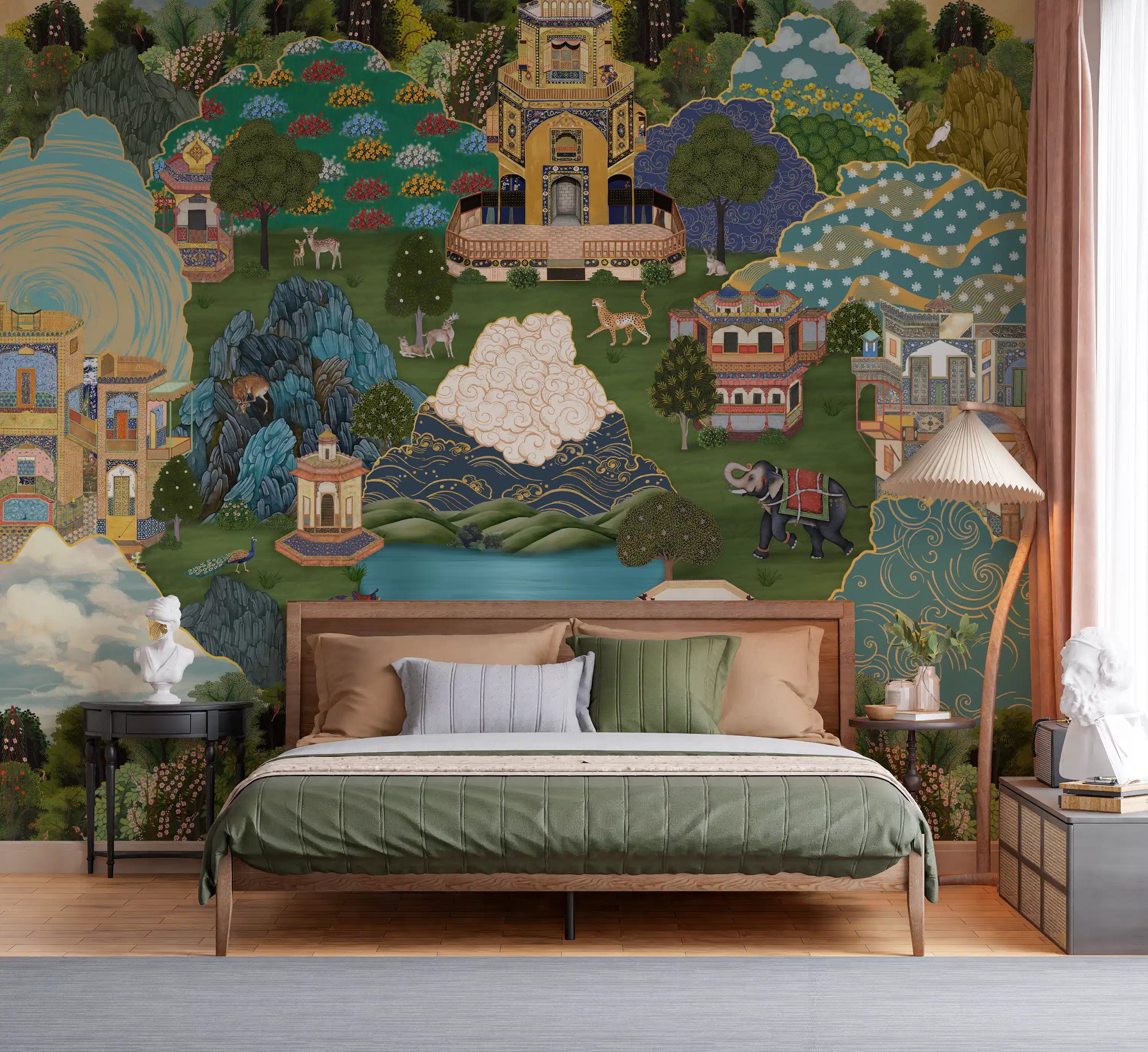 Bedroom with a green bed below the Royal Gardens of Mystical Lands wall mural.