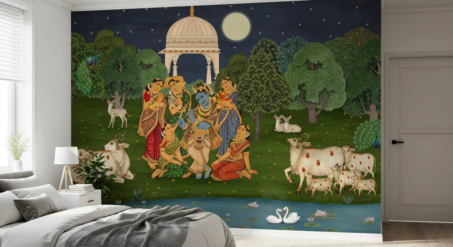 Divine Flute: Vrindavan Moonlight Wall Mural