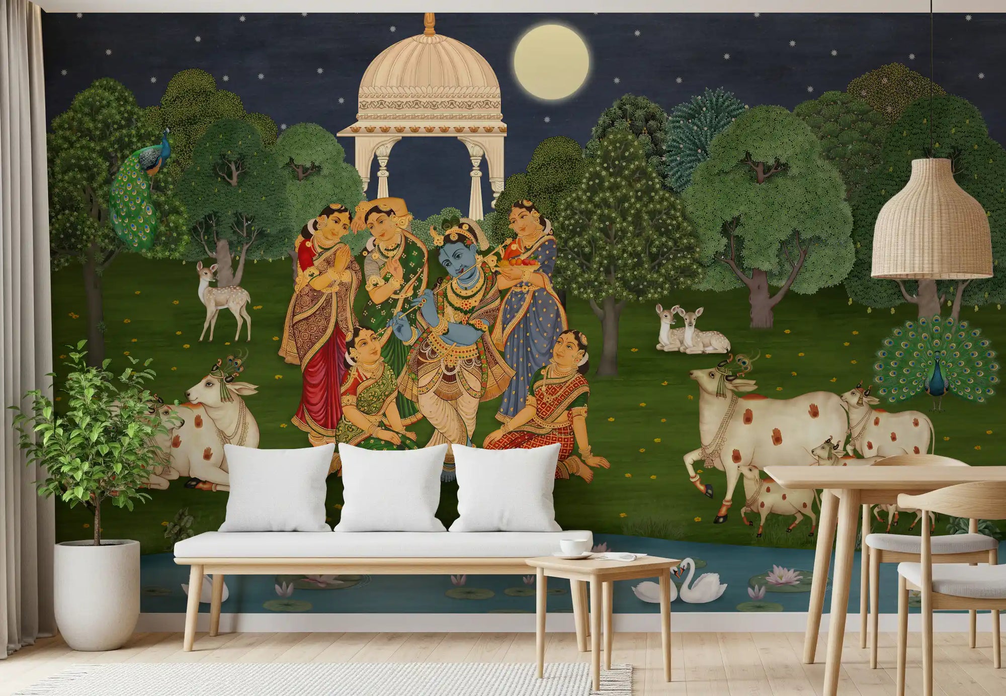 Krishna and gopis Vrindavan wall mural across a bright Dining room