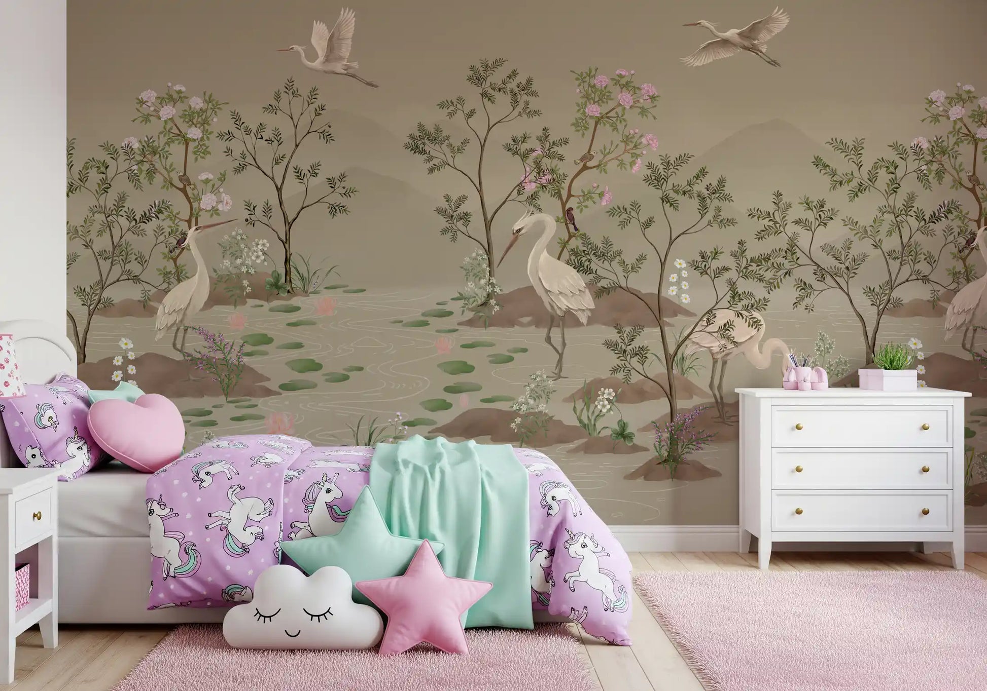 Kids' room dressed in a chinoiserie wall mural of cranes and pink lotus