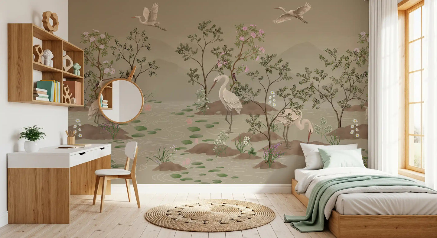 Pink blossom trees rise beside slim saplings on this chinoiserie wall mural