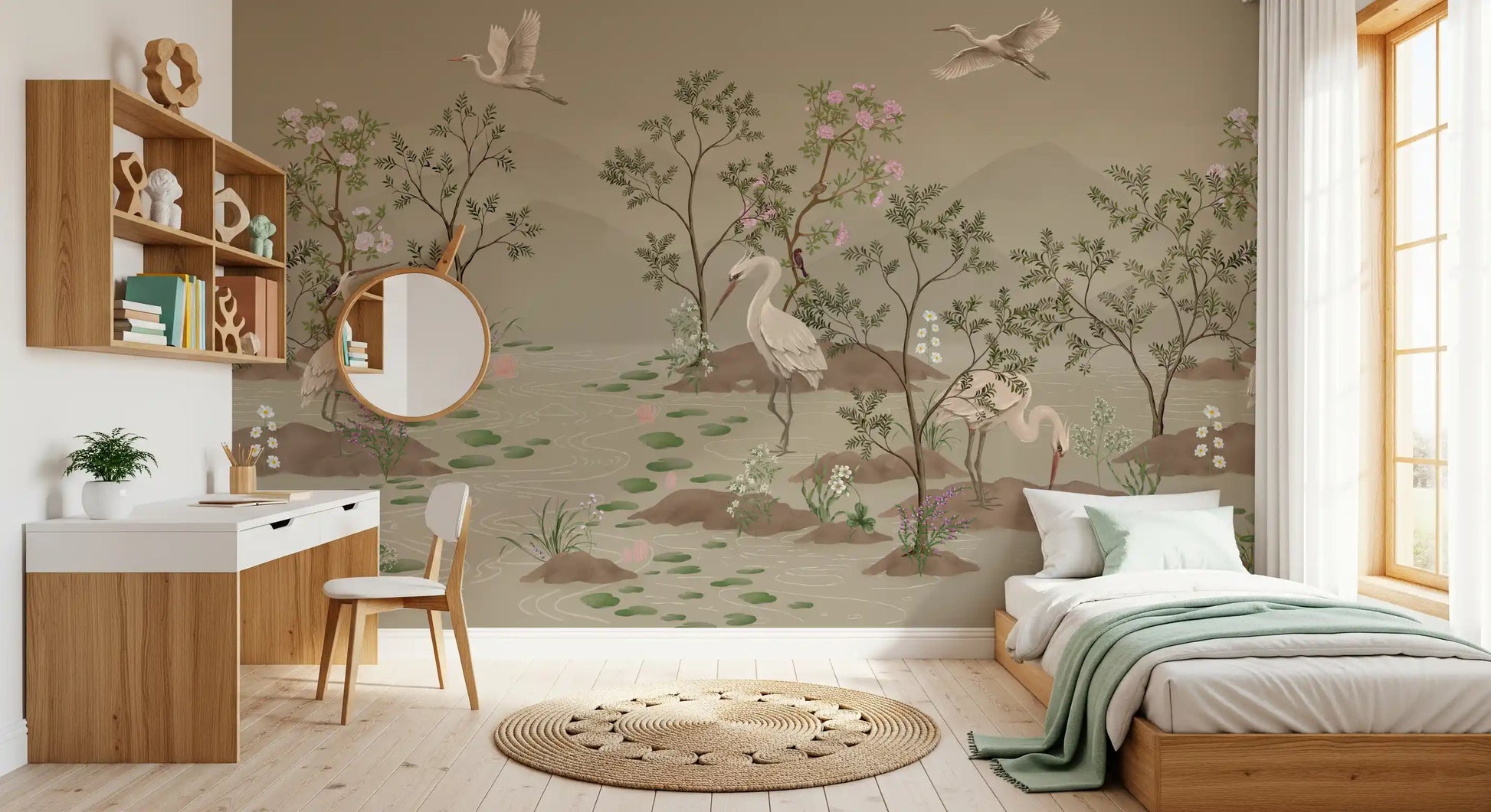 Pink blossom trees rise beside slim saplings on this chinoiserie wall mural