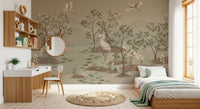 Pink blossom trees rise beside slim saplings on this chinoiserie wall mural