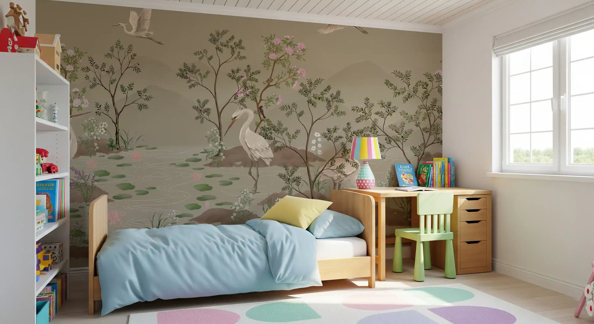Lotus pads, lilies, and daisies float across the pond in the wall mural