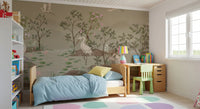 Lotus pads, lilies, and daisies float across the pond in the wall mural