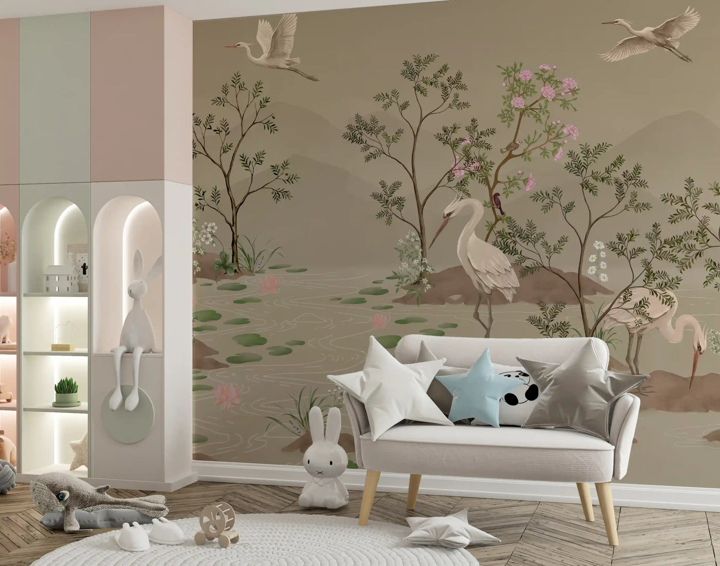 Kids play area with the Ethereal Water Bloom wall mural in taupe tones