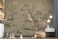 Tall ivory crane stands among reeds in the Ethereal Water Bloom wall mural