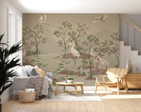 Hallway run of the Ethereal Water Bloom wall mural with crane and floral motifs