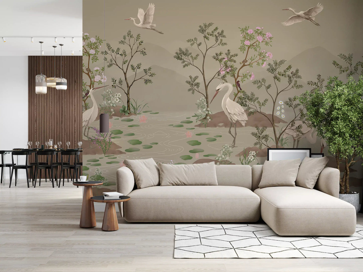 Cranes and blossom trees scene styled in a lounge wall mural 