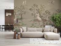 Cranes and blossom trees scene styled in a lounge wall mural 