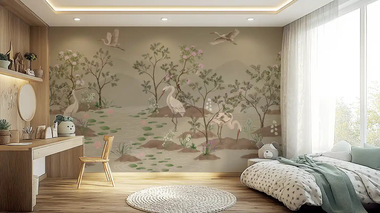 Bedroom finished with the soft pond wall mural in muted sage
