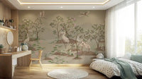 Bedroom finished with the soft pond wall mural in muted sage