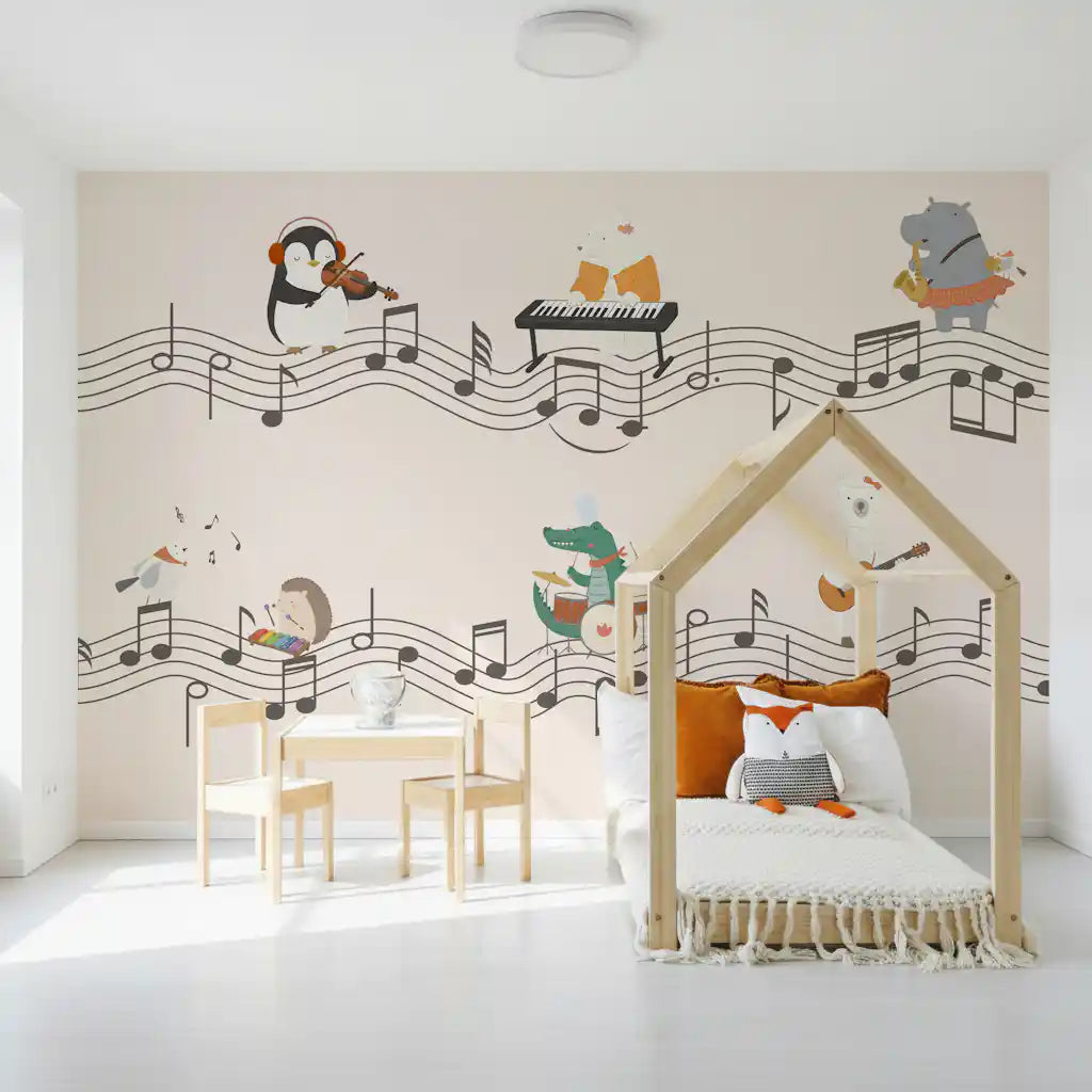 Llama strumming a guitar on the right side of the cheerful musical wall mural
