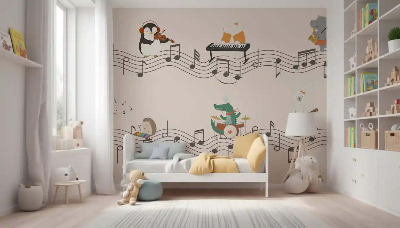 Toddler bedroom corner pairing the Harmonious Animal Band wall mural 