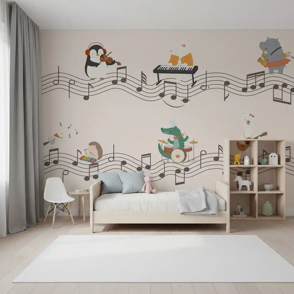 the penguin violinist on the Harmonious Animal Band wall mural
