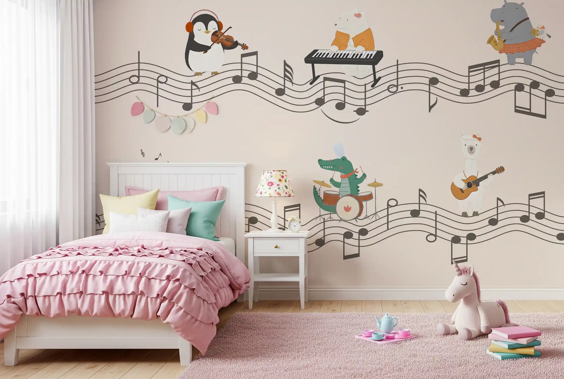 Hippo with saxophone and bear at the keyboard featured on the animal band wall mural