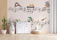 Pink-bedded children's room where the animal band wall mural 