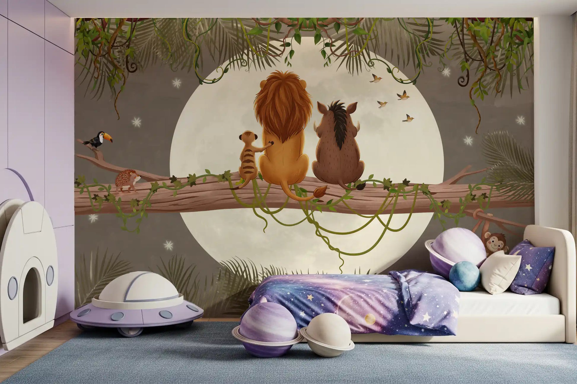 Kids' room styled around the lion and warthog wall mural