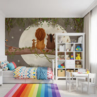 Full moon glow behind the central trio in the jungle friends wall mural