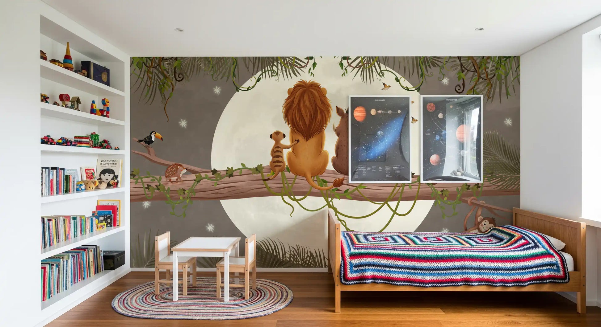 Bedroom nook lit gently, the Moonlit Jungle Friends wall mural