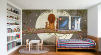 Bedroom nook lit gently, the Moonlit Jungle Friends wall mural