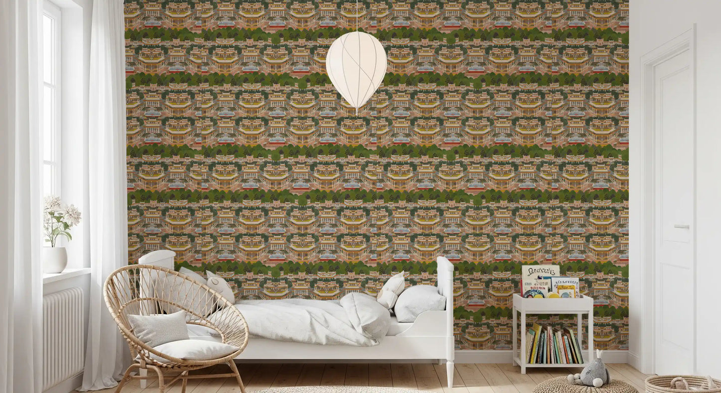 Blush, peach and sage tones layer through the Royal Garden Reprise wallpaper