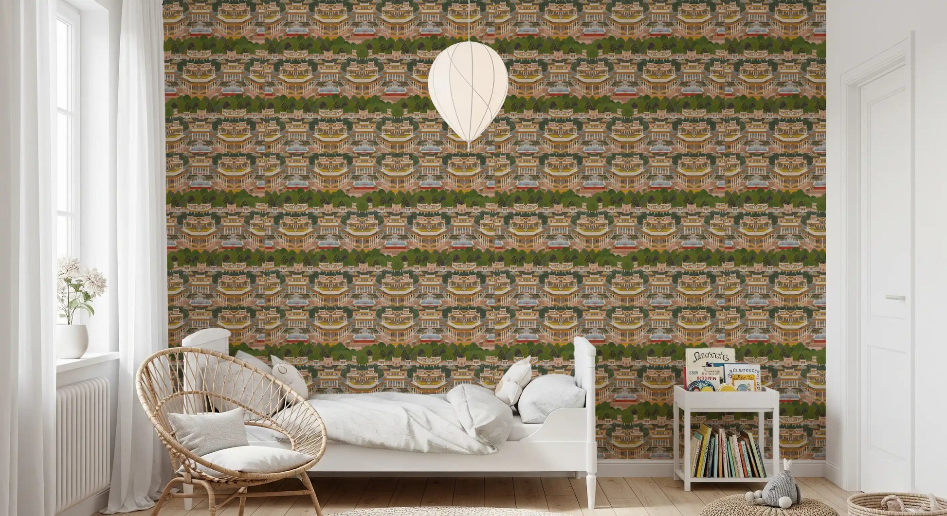 Blush, peach and sage tones layer through the Royal Garden Reprise wallpaper