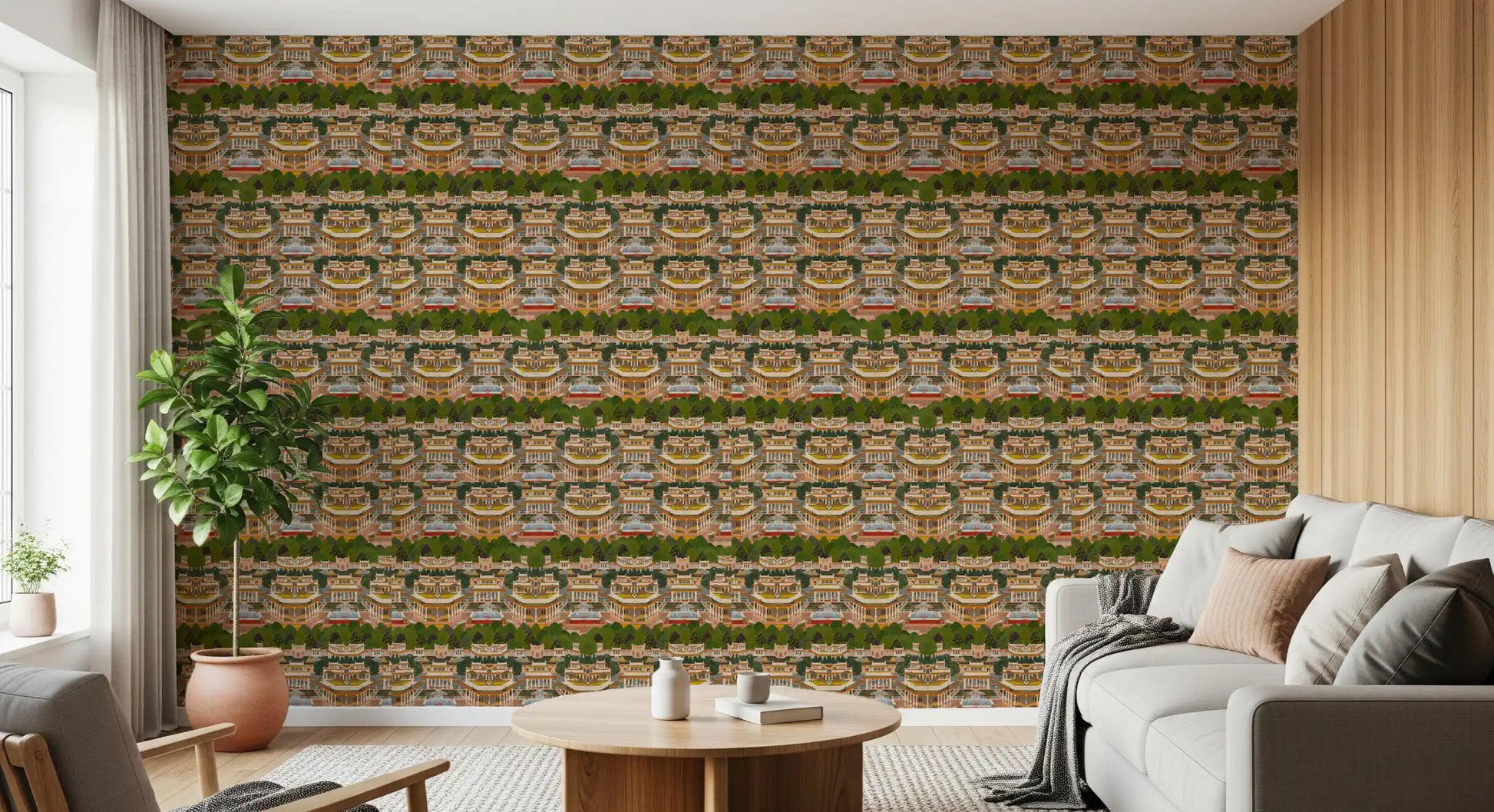 Deep green canopies break each row of palaces on this horizontal-repeat wallpaper