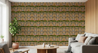 Deep green canopies break each row of palaces on this horizontal-repeat wallpaper