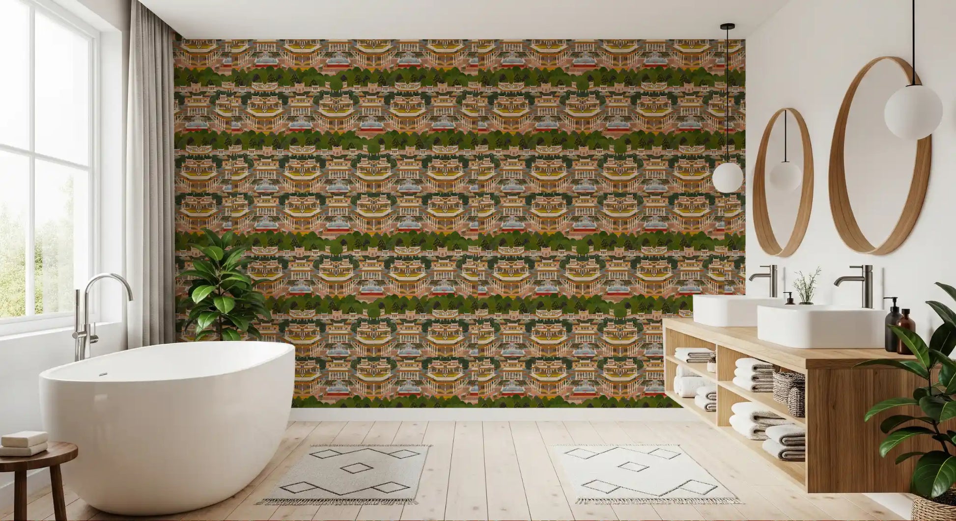 Bathroom where the painted palace wallpaper sits behind a round armchair