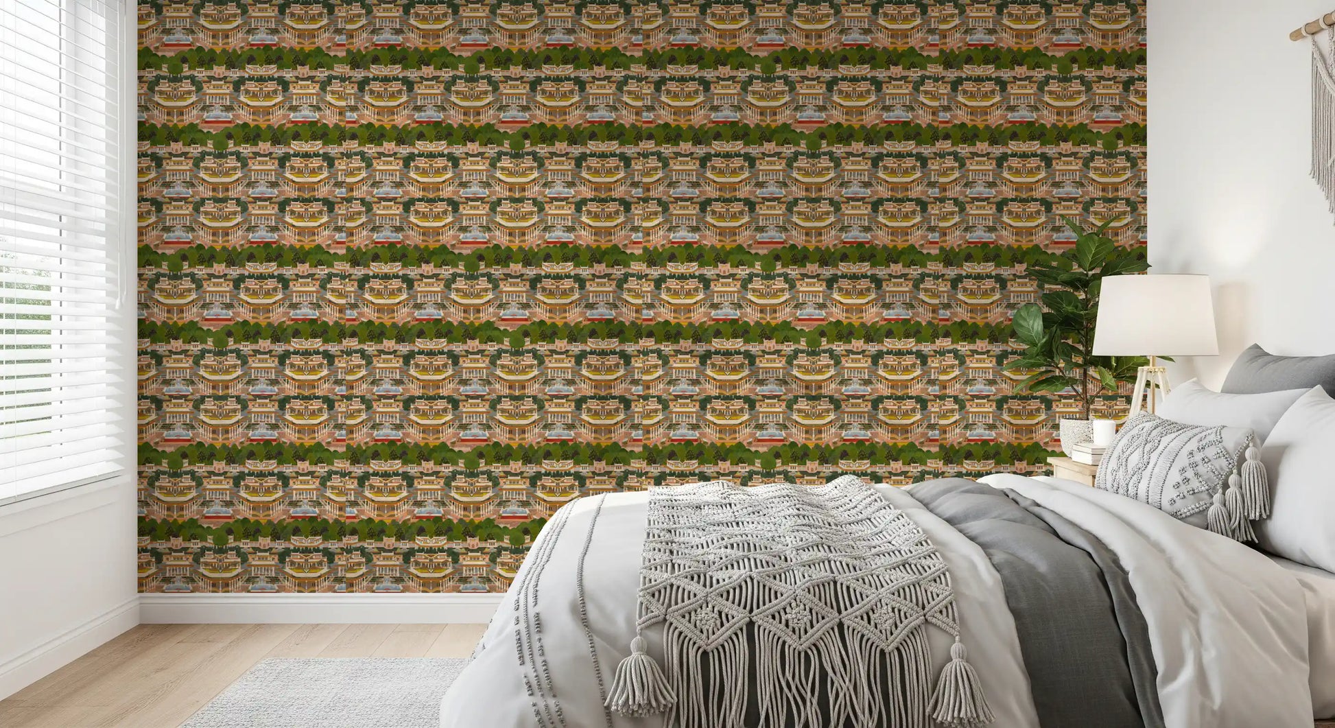 Bedroom accent of layered gardens and coral pavilions on a matte wallpaper