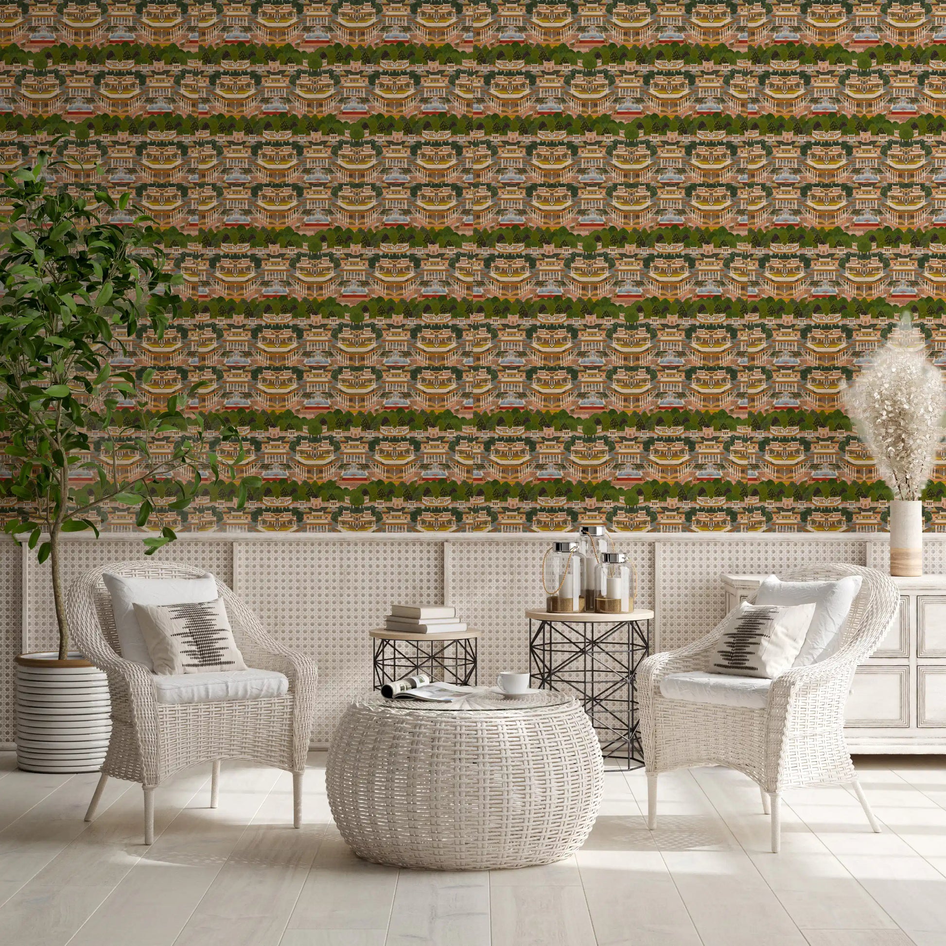 Dining sitting area backed by repeating courtyards and trees in this pink wallpaper