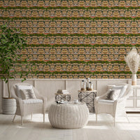 Dining sitting area backed by repeating courtyards and trees in this pink wallpaper