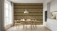 Striped balustrades and aqua pools dot the painted wallpaper 