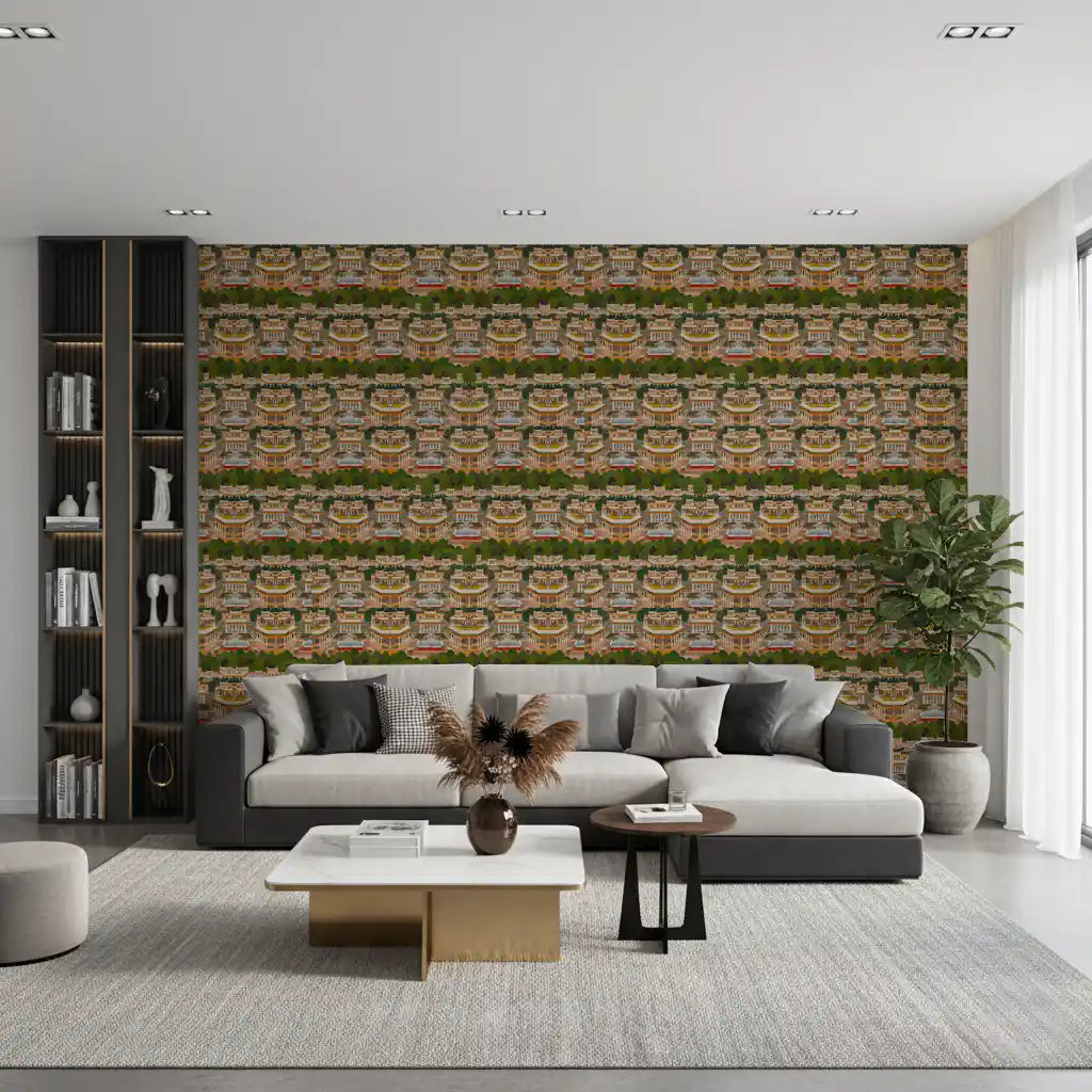 Coral pavilions and tiered courtyards repeat across the Royal Garden Reprise wallpaper