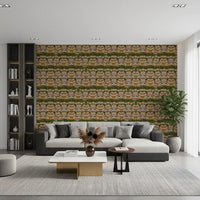 Coral pavilions and tiered courtyards repeat across the Royal Garden Reprise wallpaper