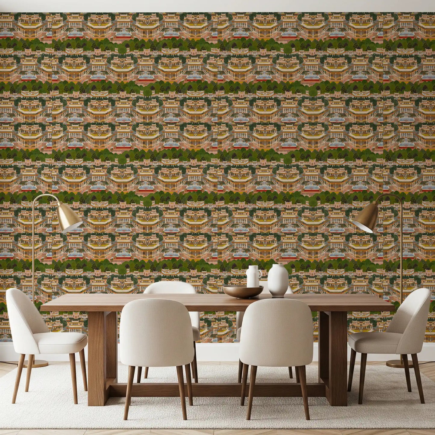 Dining room wallpaper showing pink palaces and green gardens 
