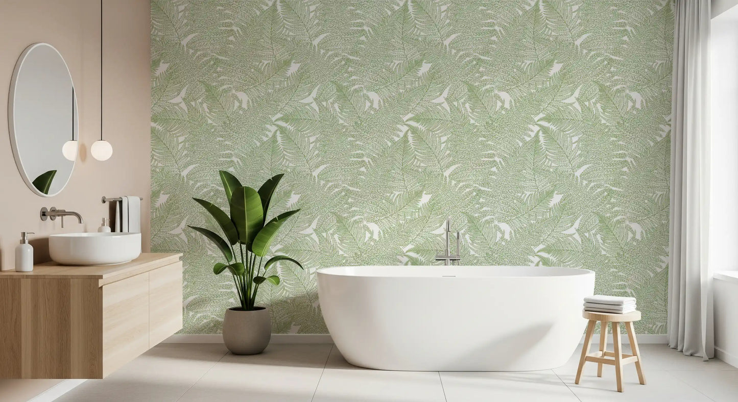 Overlapping leaves shape a botanical repeat on the Fern wallpaper up close