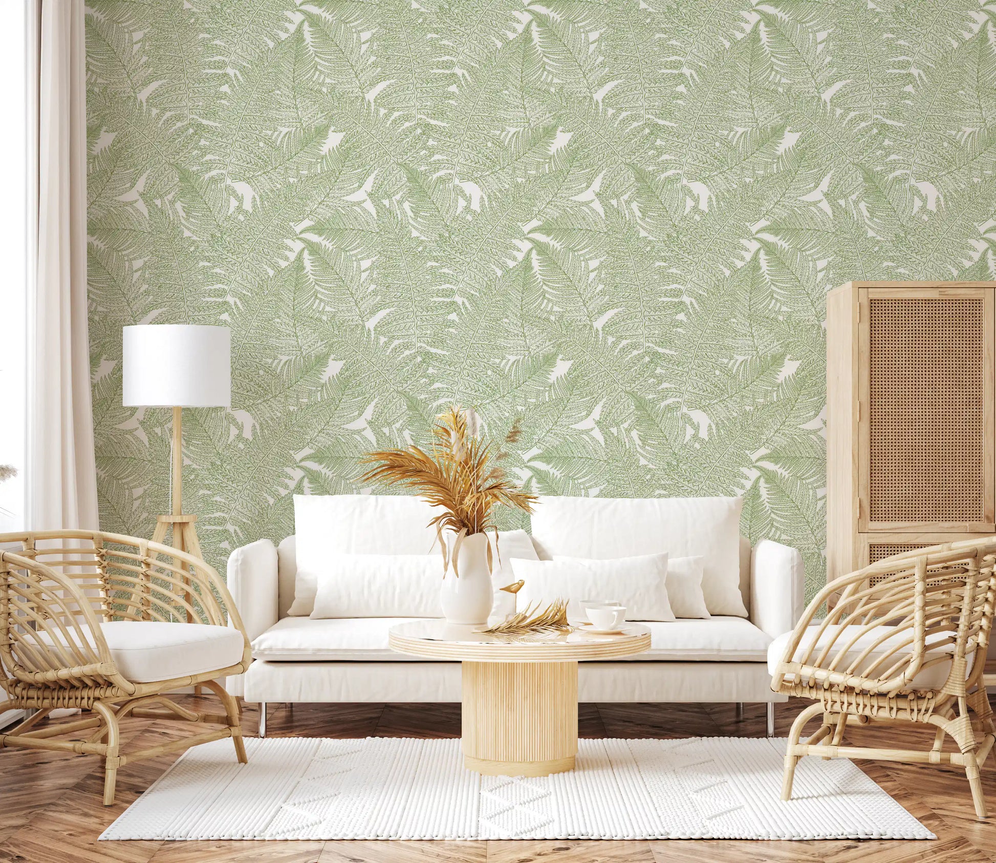 Veined fronds curve at different angles throughout the fern wallpaper pattern