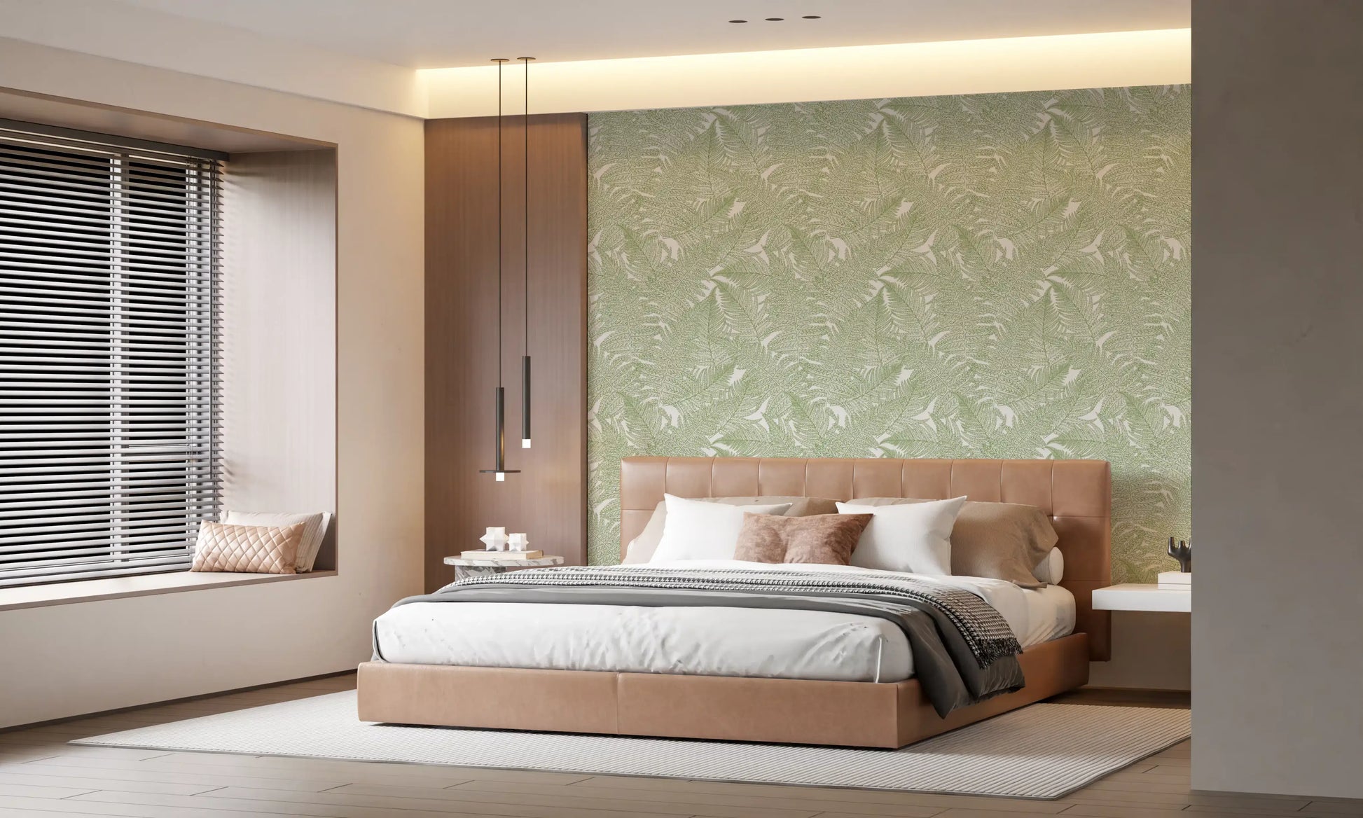 Sage green tones lift the soft cream ground of Serene Wallscapes Fern wallpaper