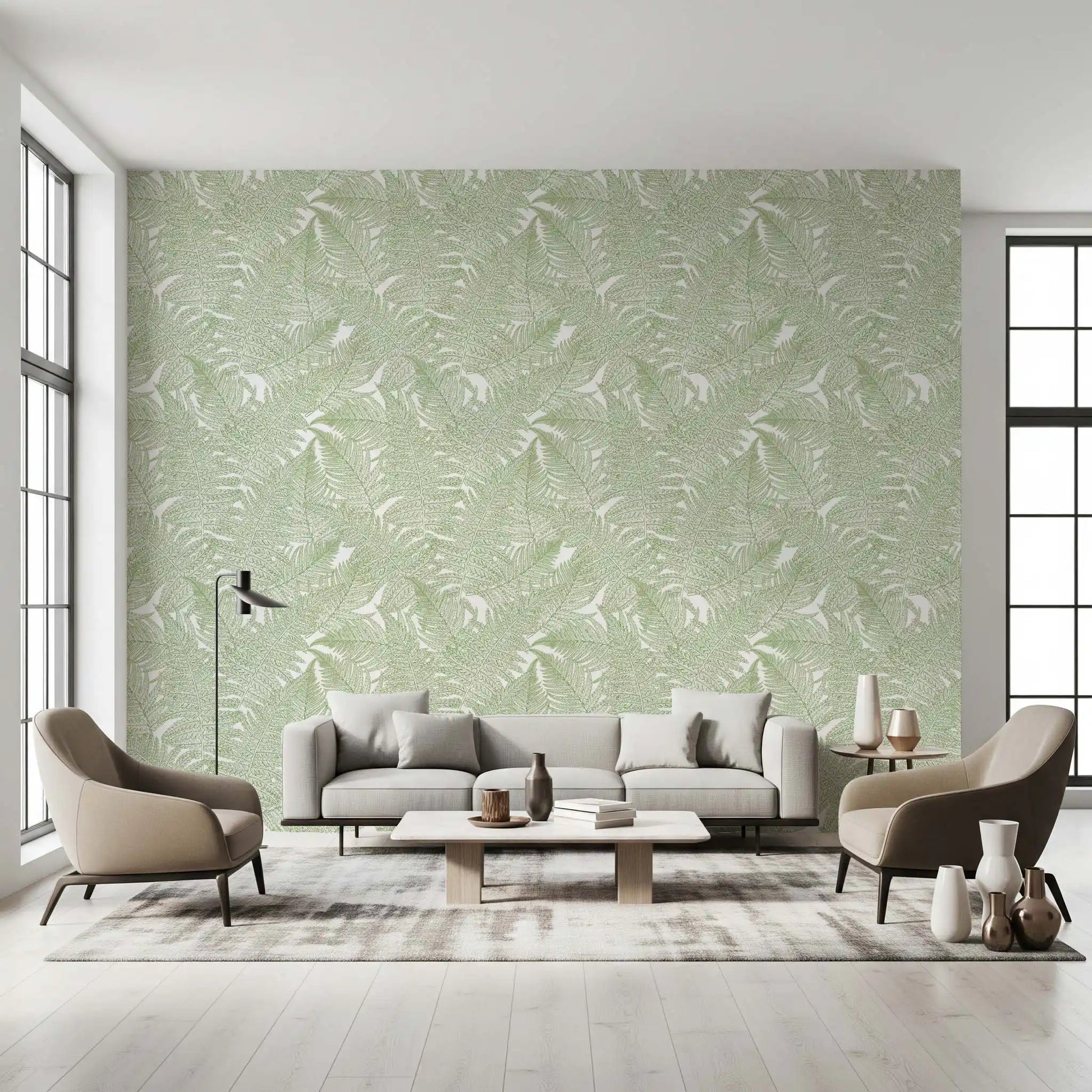 Curved and an arched frame sit before fern wallpaper in a calm living room