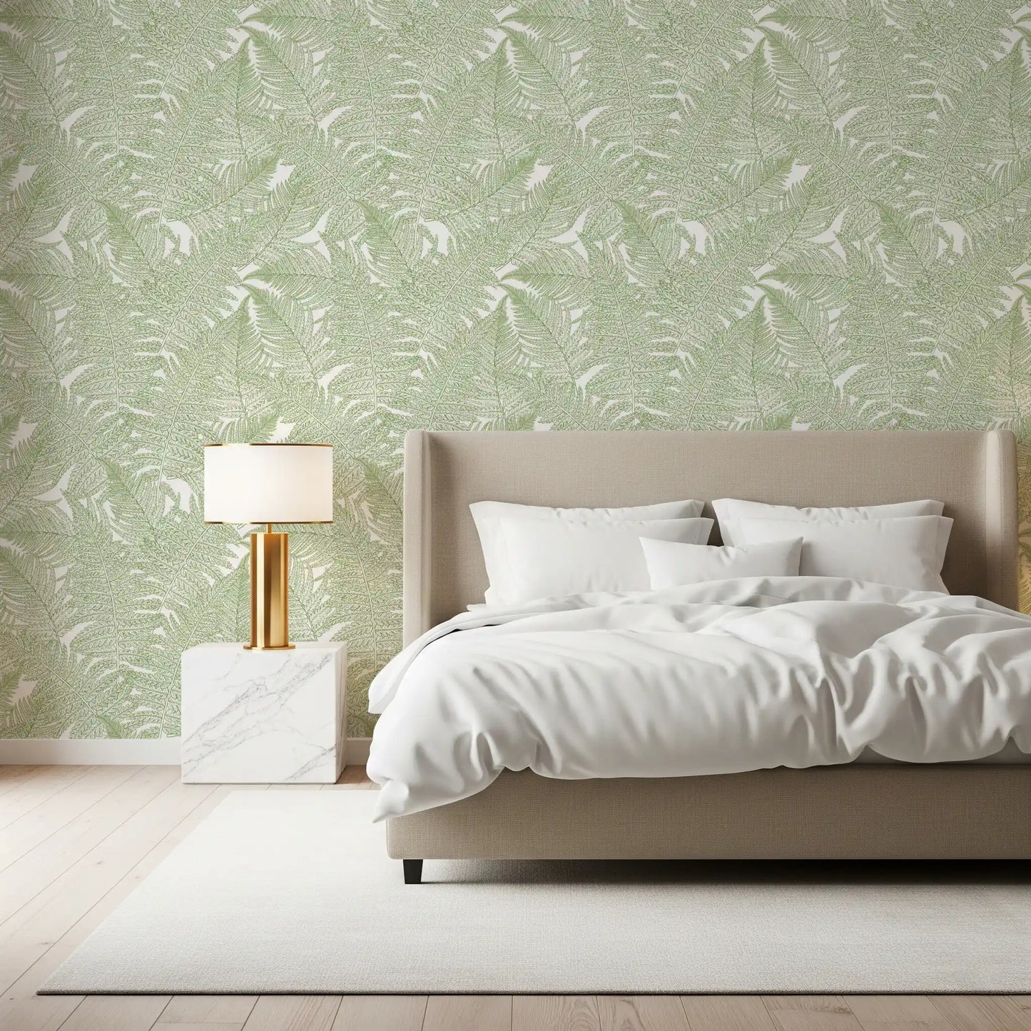 bedroom corner in botanical linework of the Serene Fern wallpaper
