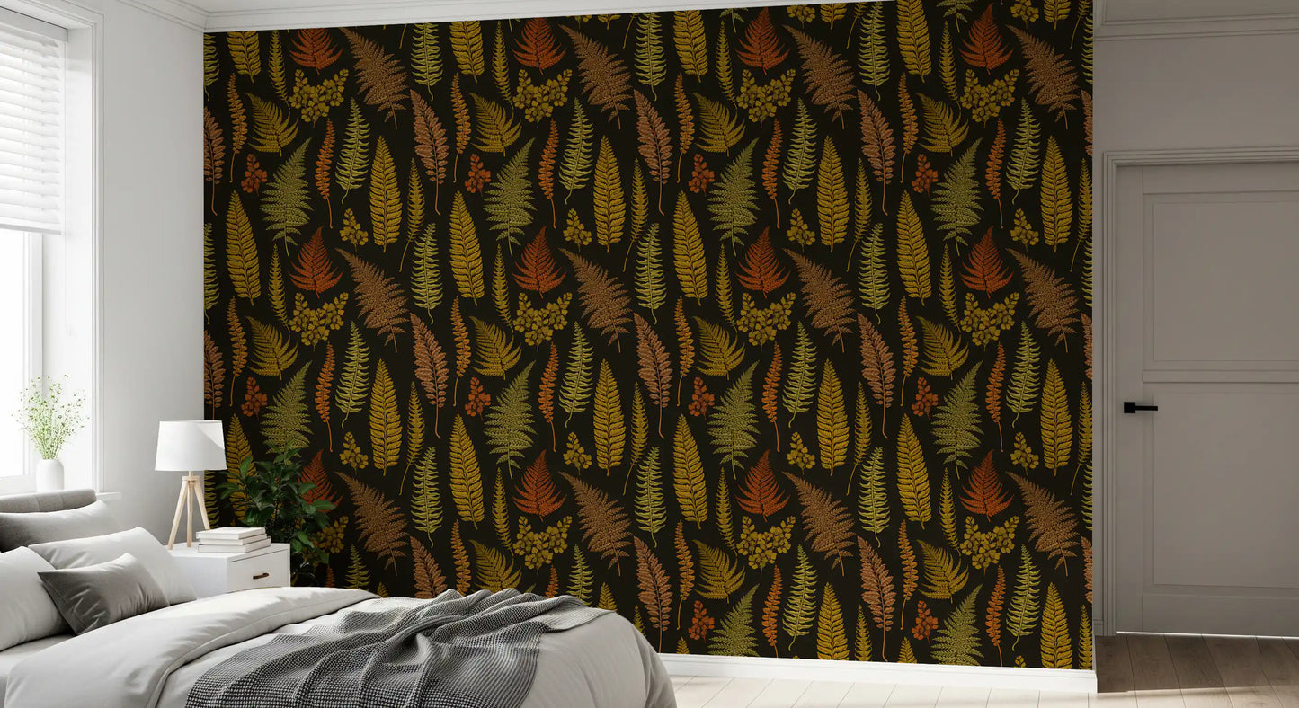 Ferns Wallpaper sweeps a relaxed Bedroom  in warm autumnal fronds.