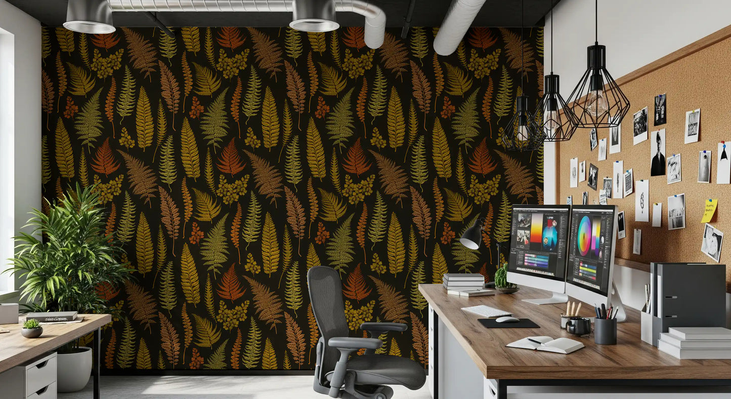 Feathery and frilled leaves drape the Home office  across this botanical wallpaper.
