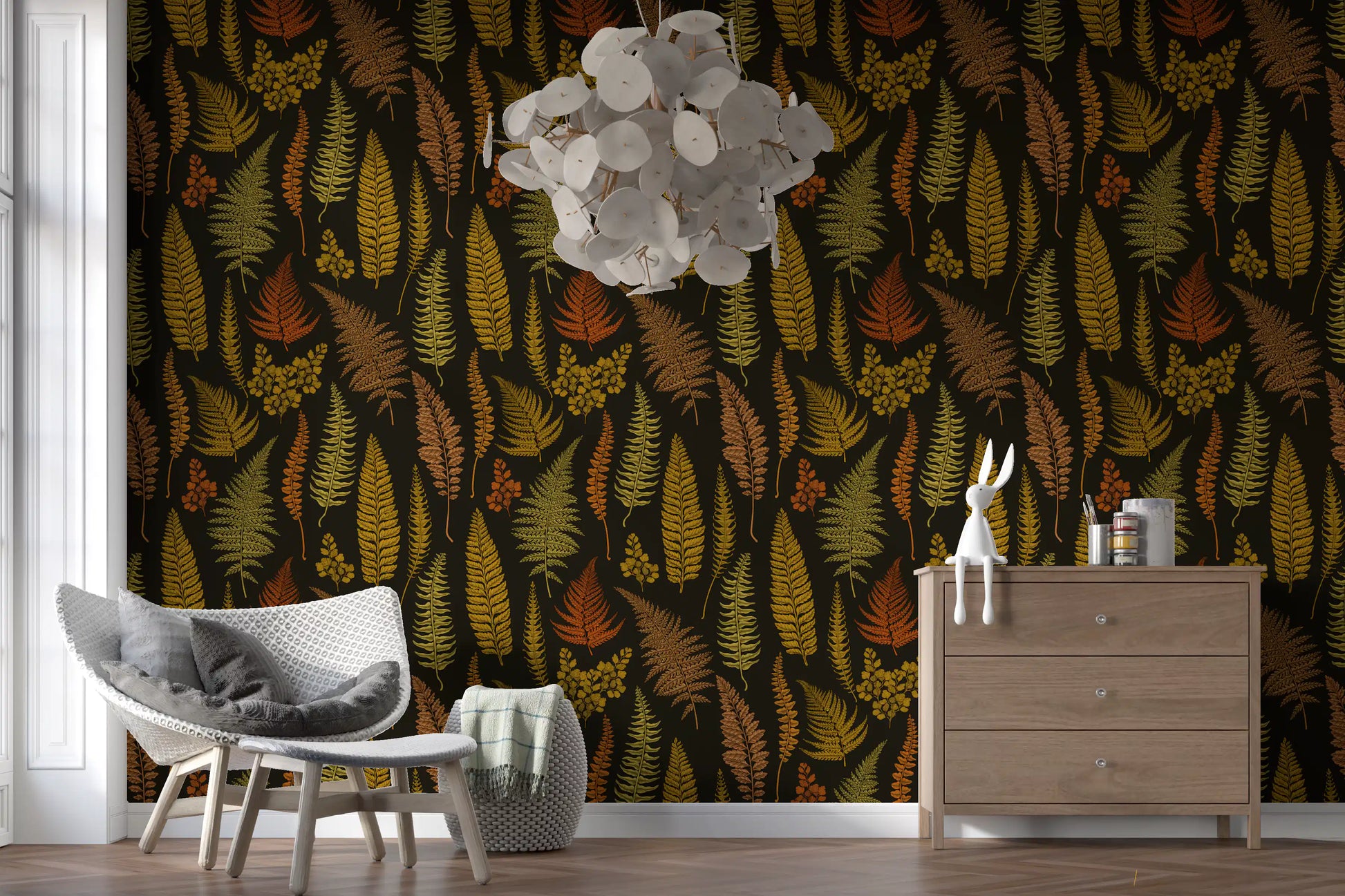 Tall fronds and tiny leaflets fill an open Nursers area in this fern wallpaper.
