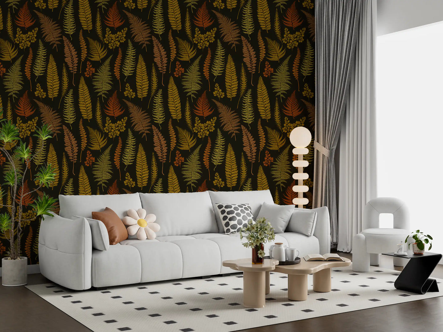 A moody Living room setting frames this Ferns Wallpaper of golden and rust fronds.